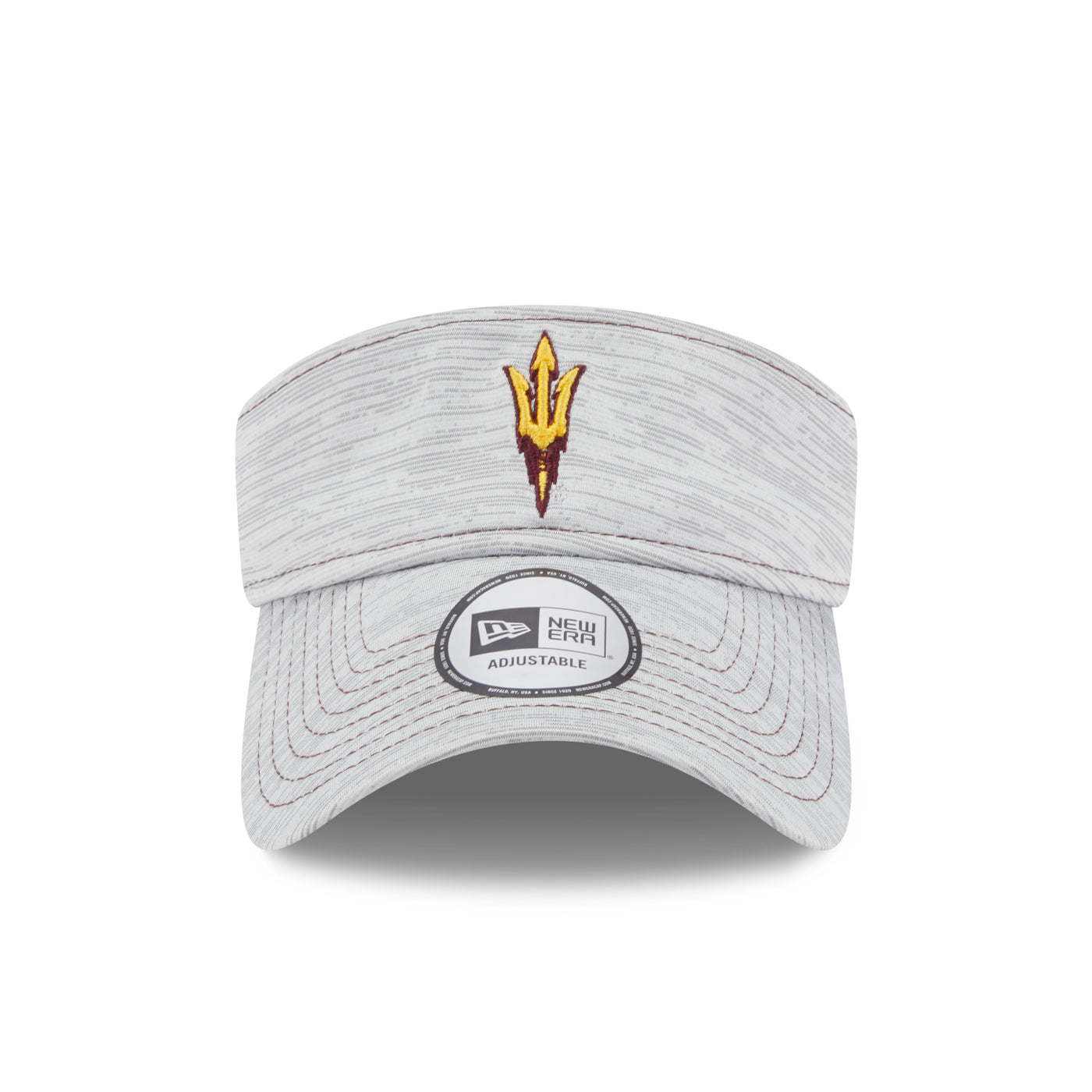 ASU New Era adjustable grey visor with an embroidered pitchfork on the headband