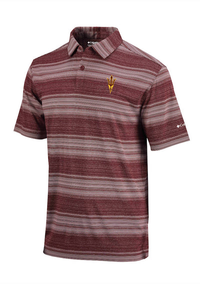 ASU maroon and white striped polo with gold and maroon pitchfork on upper left chest