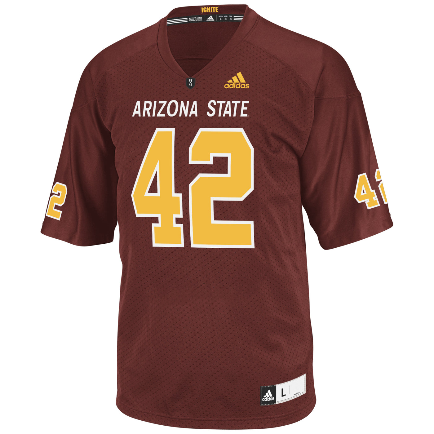 ASU maroon football jersey. Gold numbers 42 is on both sleeves and on the chest. Above the chest number is white text that reads Arizona State. Collar features the black PT 42 emblem. 