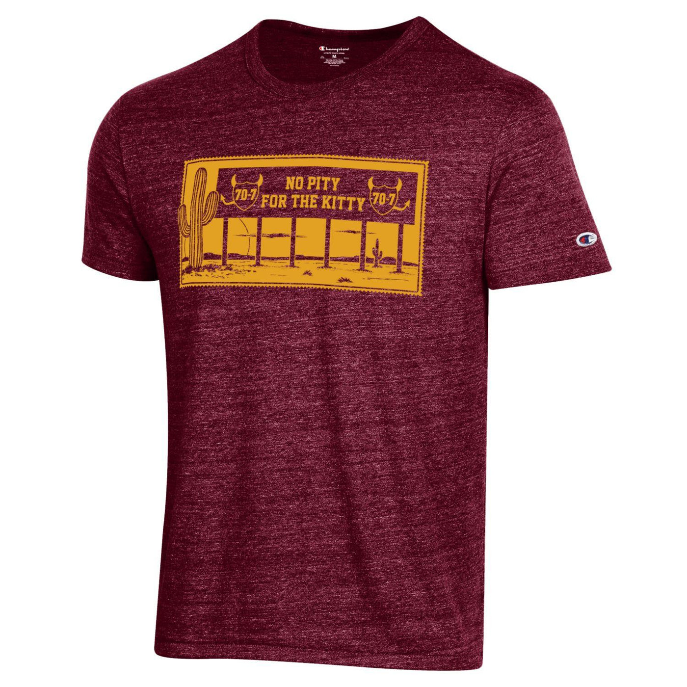 ASU heather maroon tee with rectangle image of billboard showing '70-7' and 'No Pity For The Pity' in a desert setting