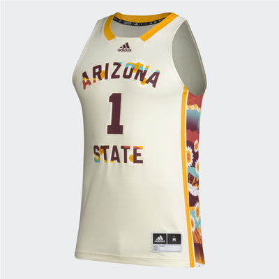 ASU cream colored basketball jersey with Arizona State #1 and colorful state of Arizona design on the side panels