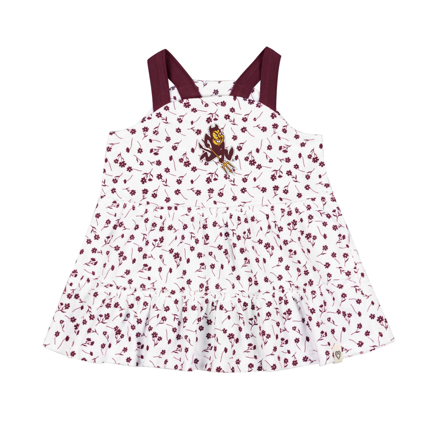 ASU white infant dress with a small maroon flower print. The straps are maroon and there is a small sparky mascot on the center of the chest,