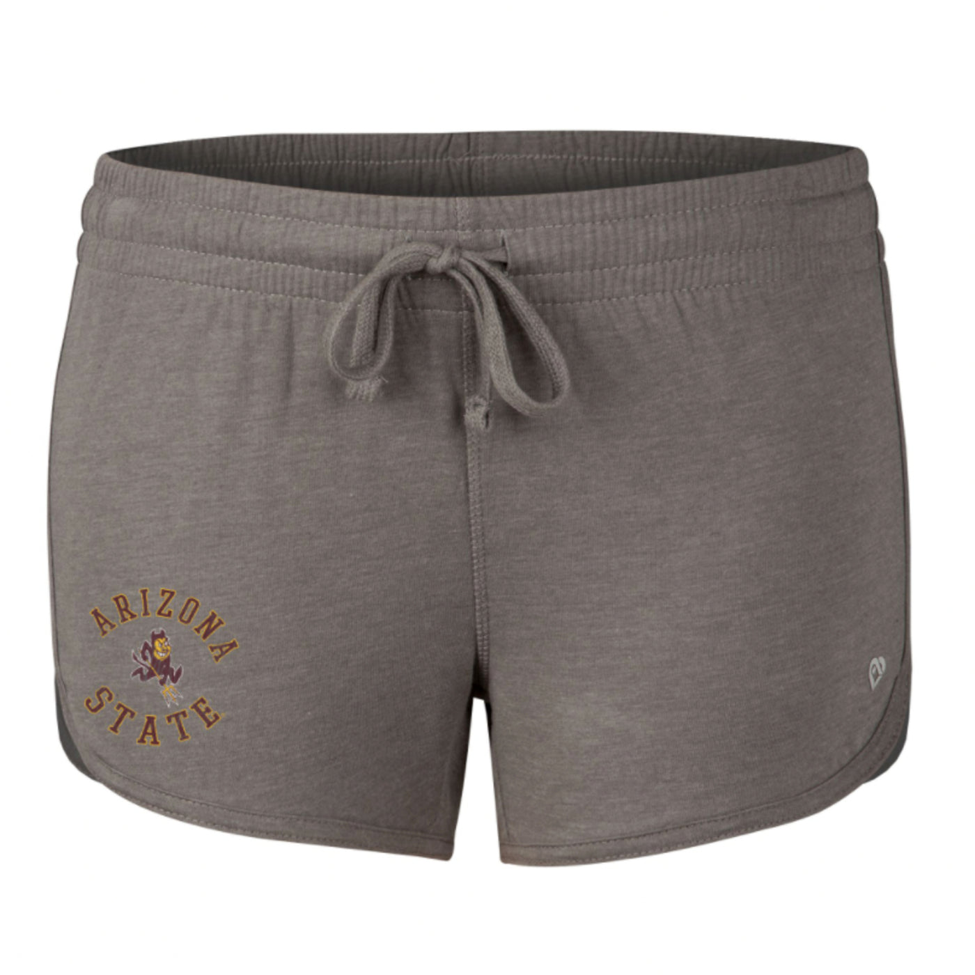 ASU gray women's shorts with elastic waistband, drawstring, and 'Arizona State' lettering on the  right pant leg surrounding the Sparky logo