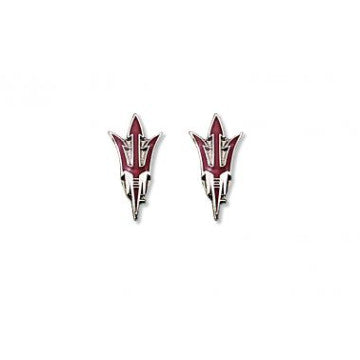 ASU earring studs with maroon and silver pitchforks