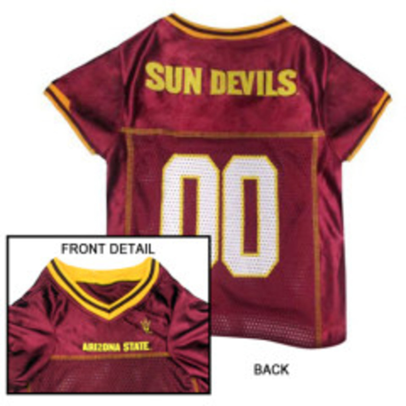 ASU maroon mesh dog football jersey with 'Sun Devils, 00' on back and a pitchfork and 'Arizona State on the front
