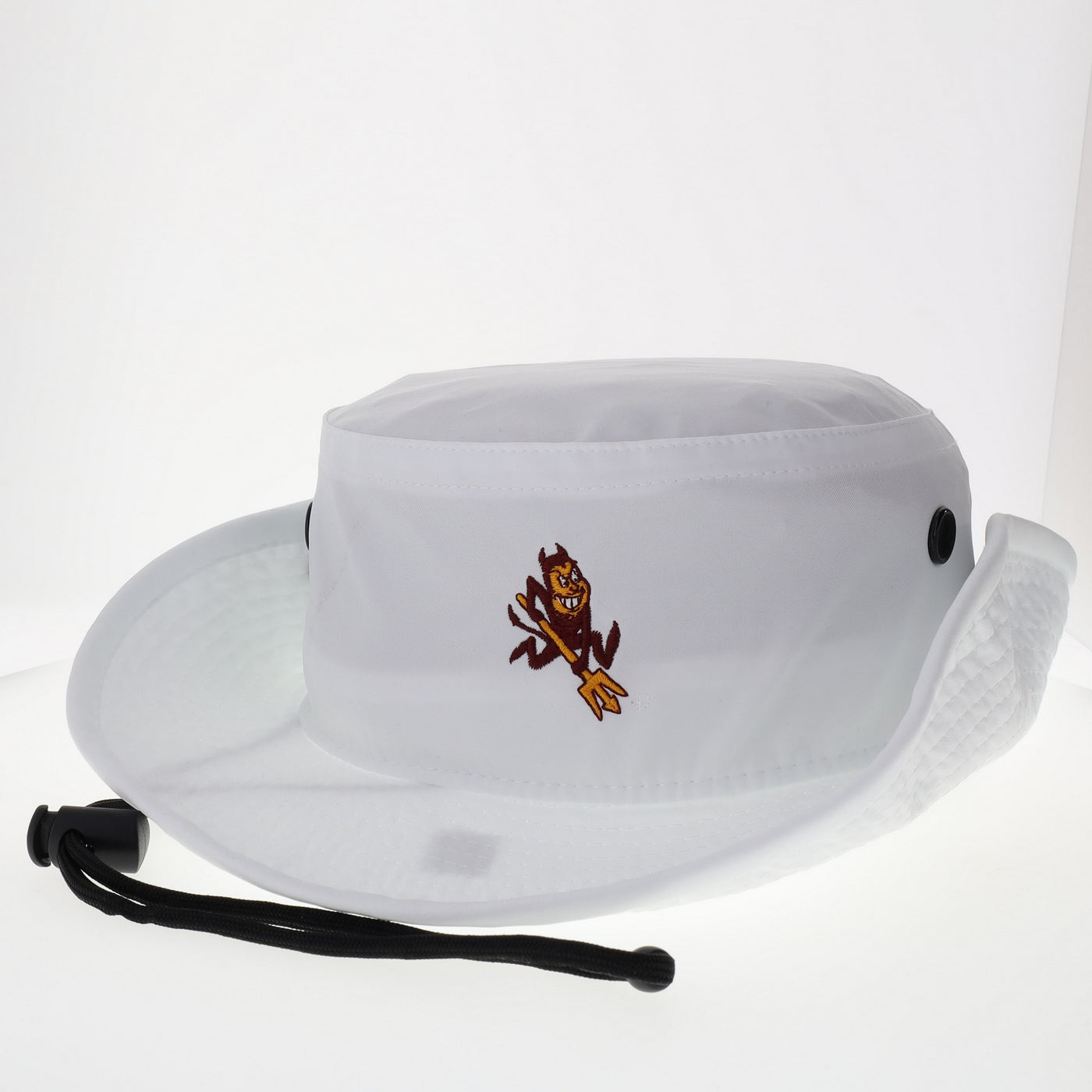 ASU white bucket hat with 2 black snap buttons, adjustable chin strap, and a embroidered Sparky on the front