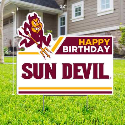 ASU lawn sign in front yard with Sparky and 'Happy Birthday Sun Devil' lettering