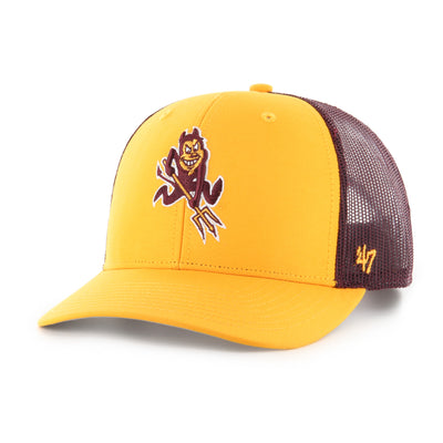 ASU trucker hat. Features a solid gold front and bill with  a maroon mesh back.  On the front is an embroidered sparky logo. 