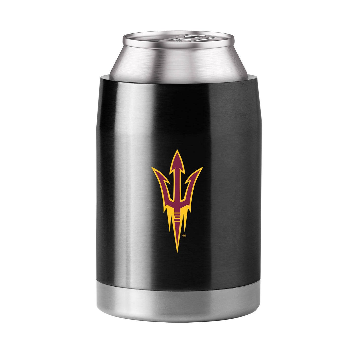 ASU black metal coozie with maroon and gold pitchfork on the front