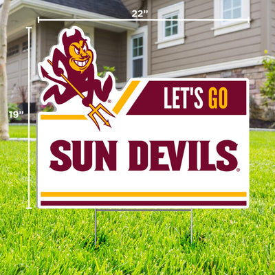 ASU lawn sign in front yard with Sparky and 'Let's Go Sun Devils' lettering