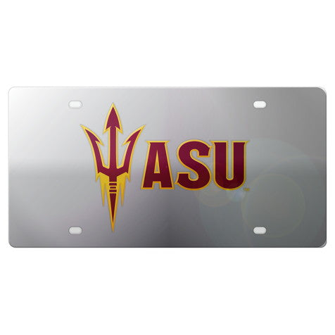 ASU silver license plate with a pitchfork next to 'ASU' lettering in maroon and gold