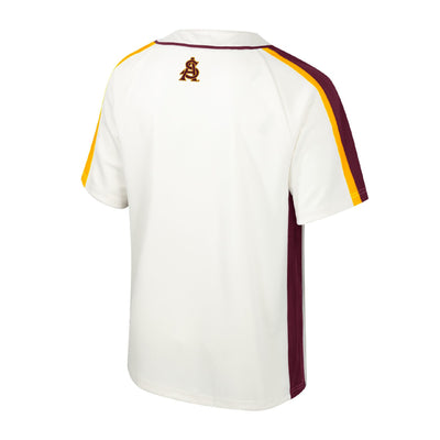 Backside of ASU youth baseball jersey with a small interlocking A&S logo at the nape of the neck in maroon outlined in gold