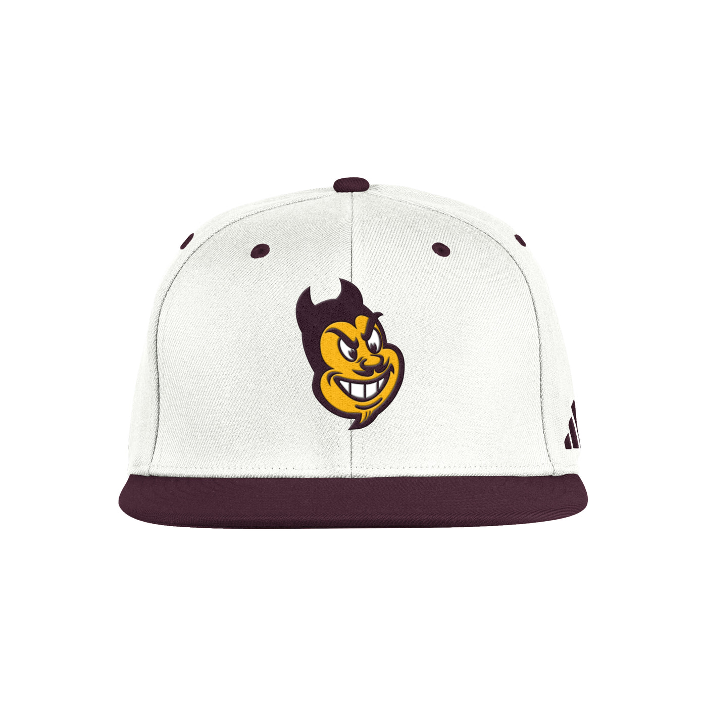 ASU white and maroon fitted hat with Sparky's face on the front