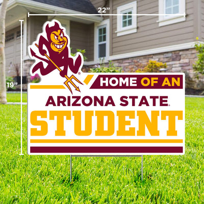 ASU lawn sign in front yard of Sparky above 'Home of an Arizona State Student' lettering