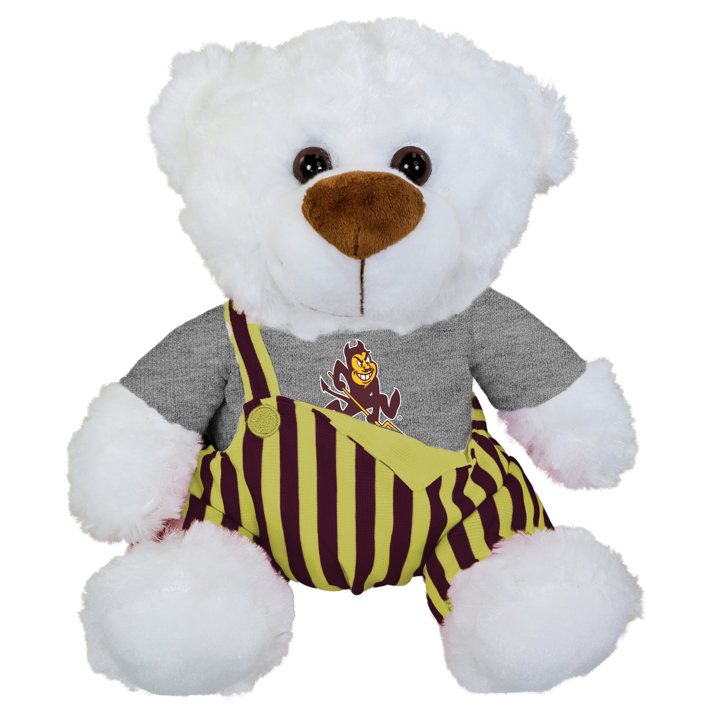 ASU stuffed White bear wearing gray shirt with Sparky  and a pair of maroon and gold striped overalls unbuttoned on one side