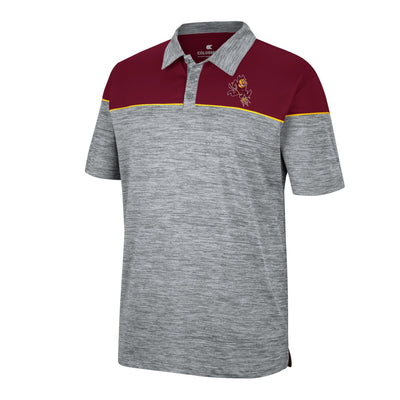 ASU gray heathered polo with maroon section on the shoulders with a Sparky on the chest
