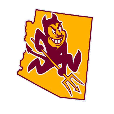 ASU decal of Arizona outline with gold center and Sparky inside