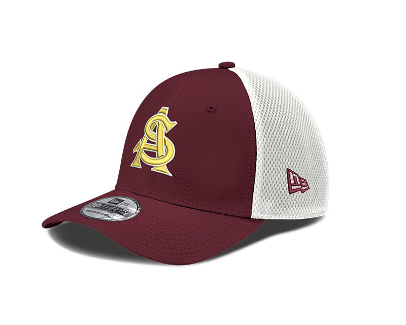 Left profile of ASU hat maroon with white mesh back and interlocking 'A' & 'S'