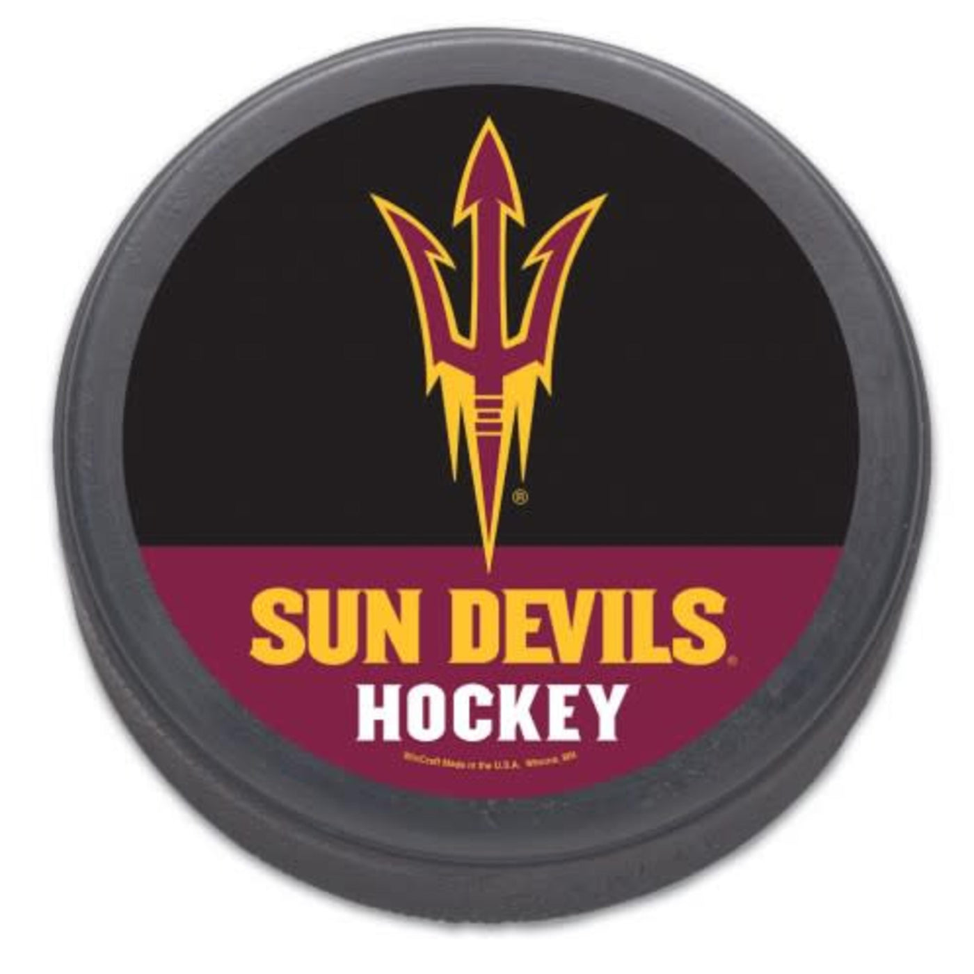 ASU hockey puck with a pitchfork above 'Sun Devils Hockey' lettering