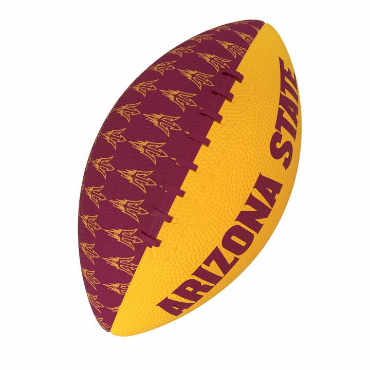 Side view of the football with an all-over pitchfork print in maroon on one half and the other half is gold with the 'Arizona State' logo. The lace grip is maroon. 