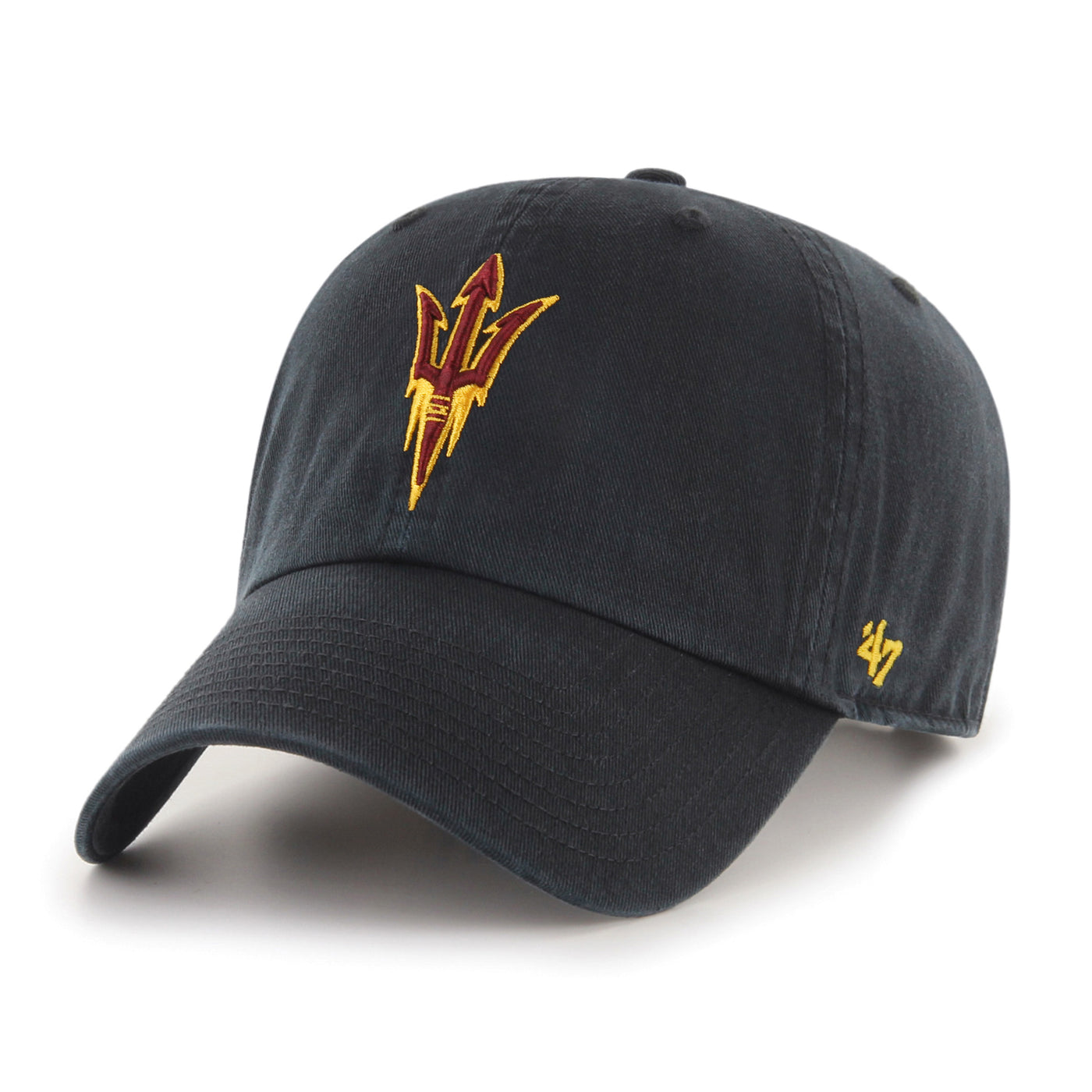 ASU black adjustable hat with embroidered pitchfork in maroon and gold