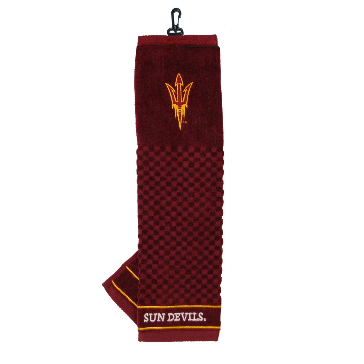 ASU maroon golf towel with carabiner at the top and embroidered pitchfork with 'Sun Devils' at the bottom