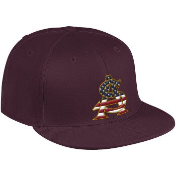 Side view of ASU maroon fitted hat with interlocking 'A' and 'S' with an American flag design inside letters