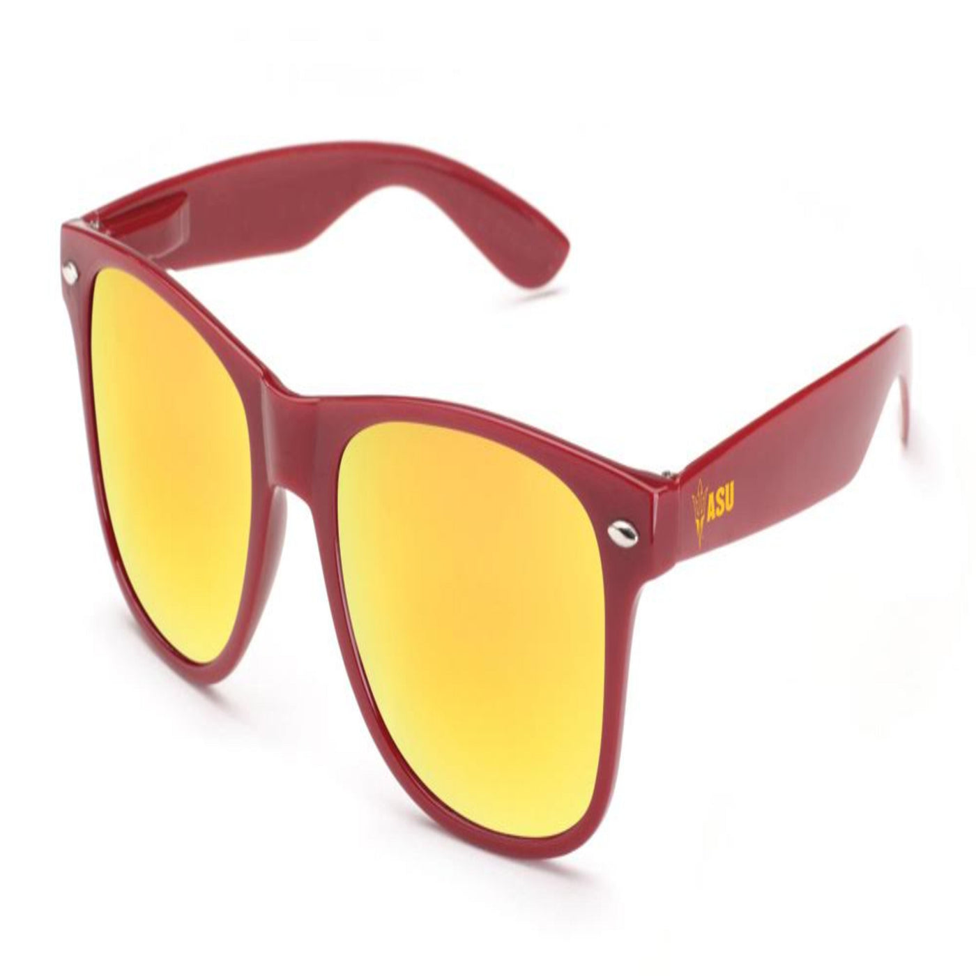 Front view of ASU maroon sunglasses with yellow tinted lenses