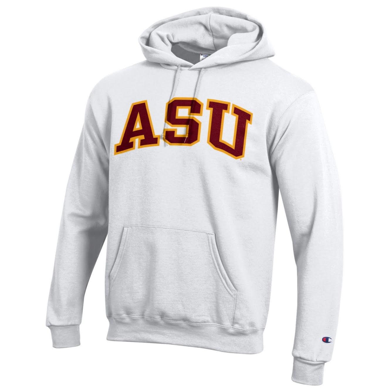 ASU white champion hoodie with ASU stitched across chest in maroon outlined in gold