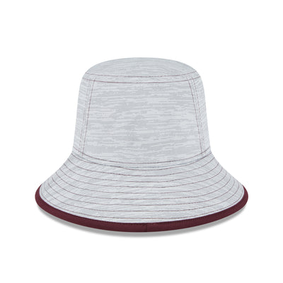 Back of ASU gray bucket hat with maroon detailing on the brim