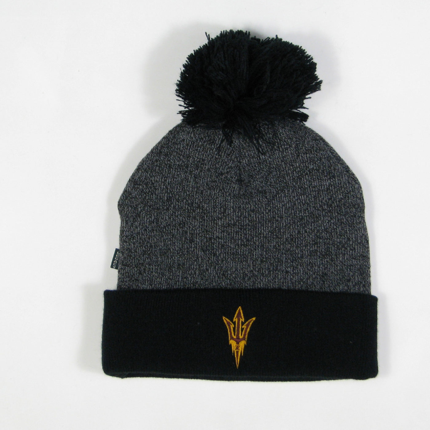 ASU charcoal cuffed beanie with black pom pom and cuff and a pitchfork patch on the cuff