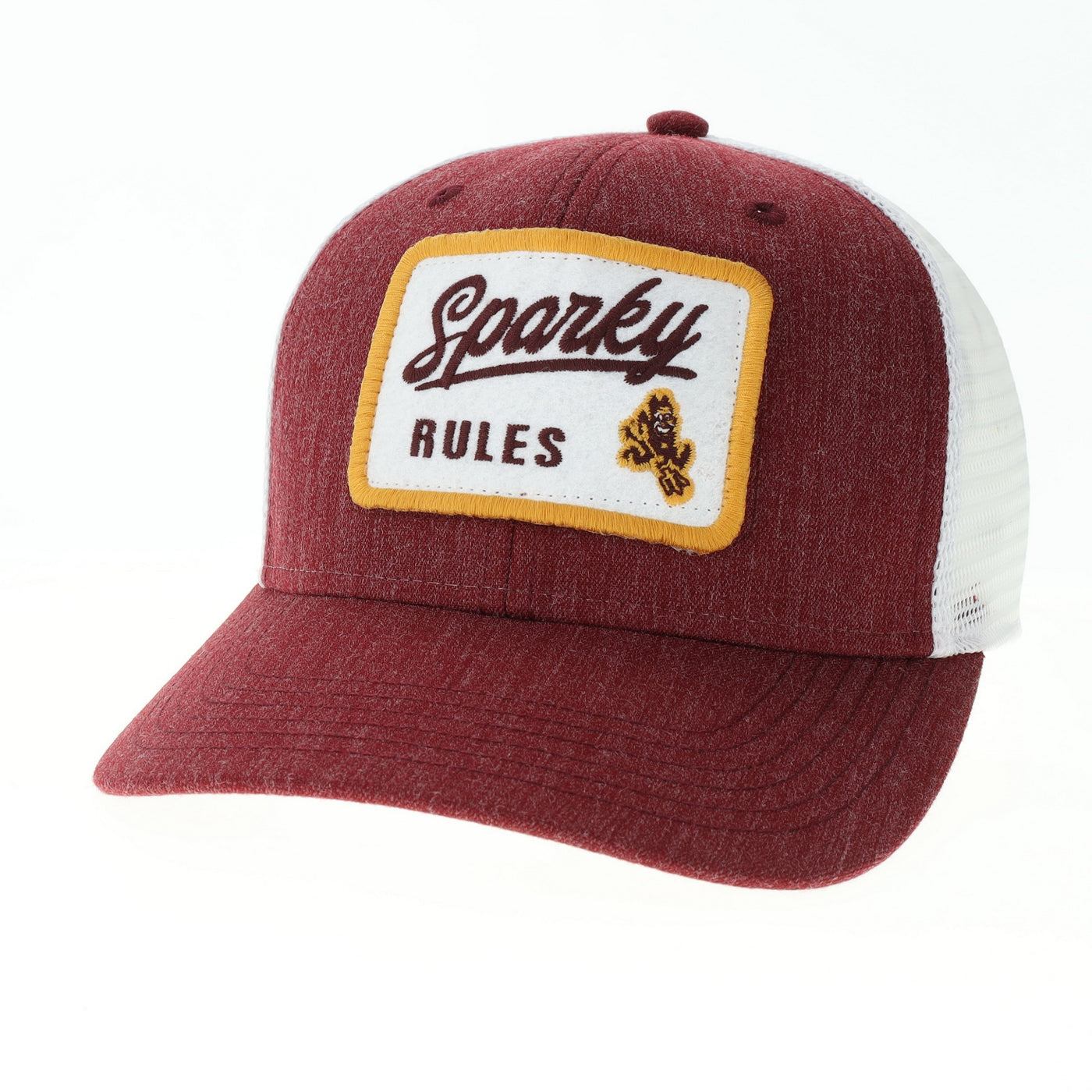 ASU maroon trucker hat with white mesh back and a patch with 'Sparky Rules' lettering next to Sparky 