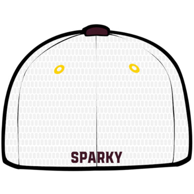 ASU hat maroon and white backside. Featuring with sparky text and another two yellow breeze holes. 