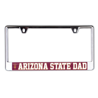 ASU chrome license plate frame with a pitchfork next to 'Arizona State Dad' lettering on a maroon bar