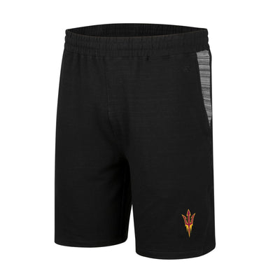 ASU black men's shorts with gray heather triangles on the slip pockets and a embroidered pitchfork on the leg