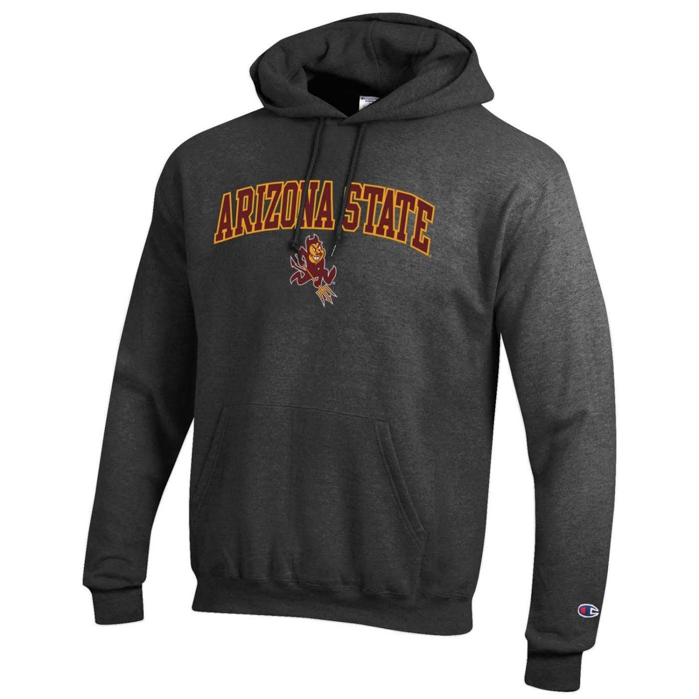 ASU gray Champion hoody with single front pocket and 'Arizona State' arched over Sparky