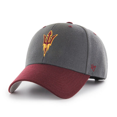 ASU gray hat with a maroon brim and an embroidered pitchfork on the front