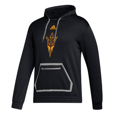 ASU black Adidas hoody with gray drawstring and a gray outlined front pocket with a zipper at the top below the Pitchfork Screen print