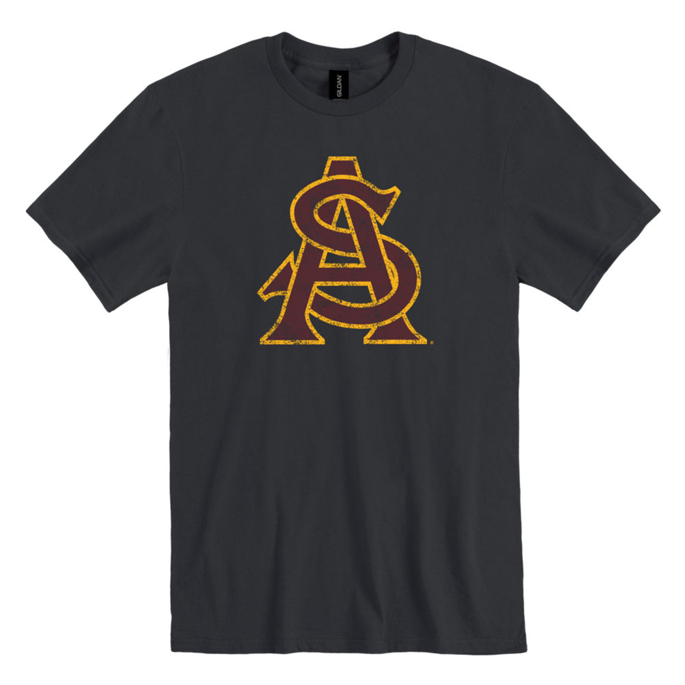ASU black shirt with the interlocking A&S logo in maroon outlined in gold.