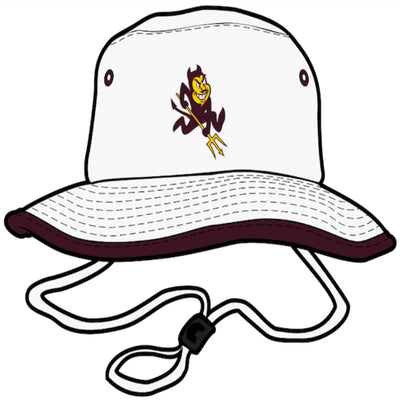 ASU white bucket hat with maroon edged brim with adjustable chin strap with black bead and Sparky printed on the front