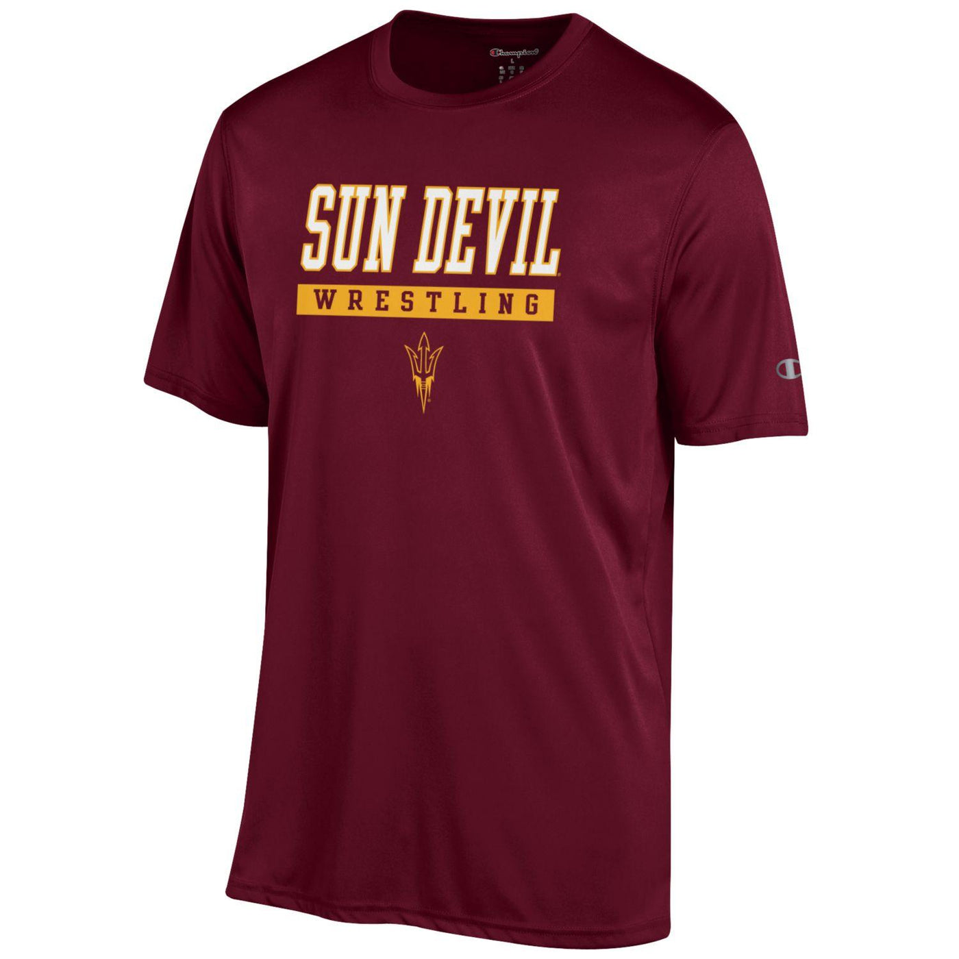 ASU maroon tee with Sun Devil Wrestling printed across chest above small gold pitchfork.