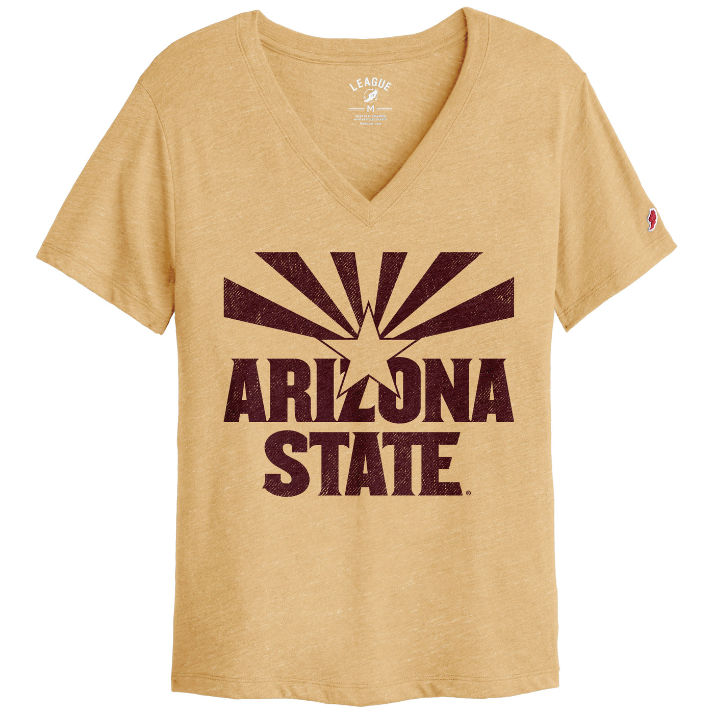 ASU v-neck gold shirt with maroon Arizona state flag outline above the text 