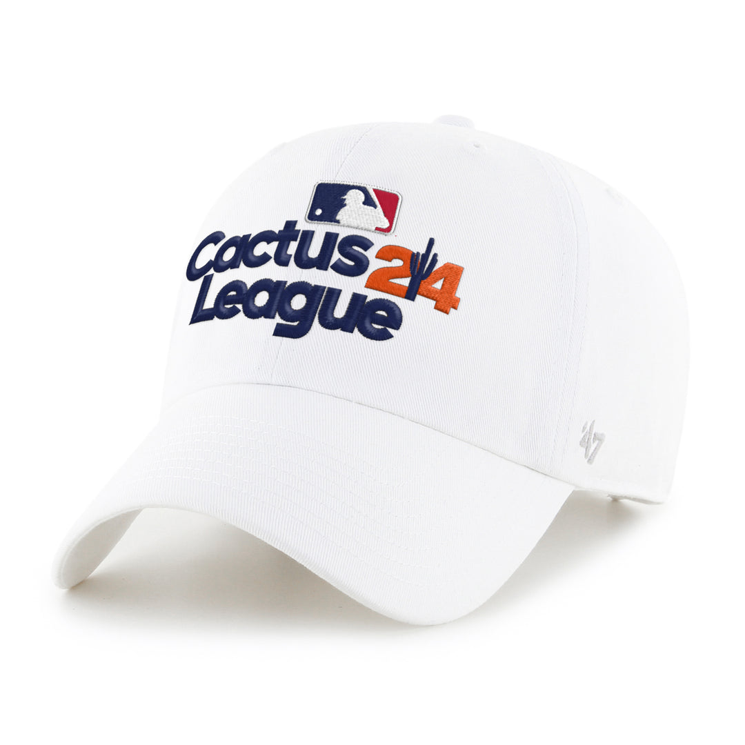 ASU white adjustable hat with the MLB logo above the text "cactus league" in navy and the orange number 24 with a navy cactus in between the 2 and the 4