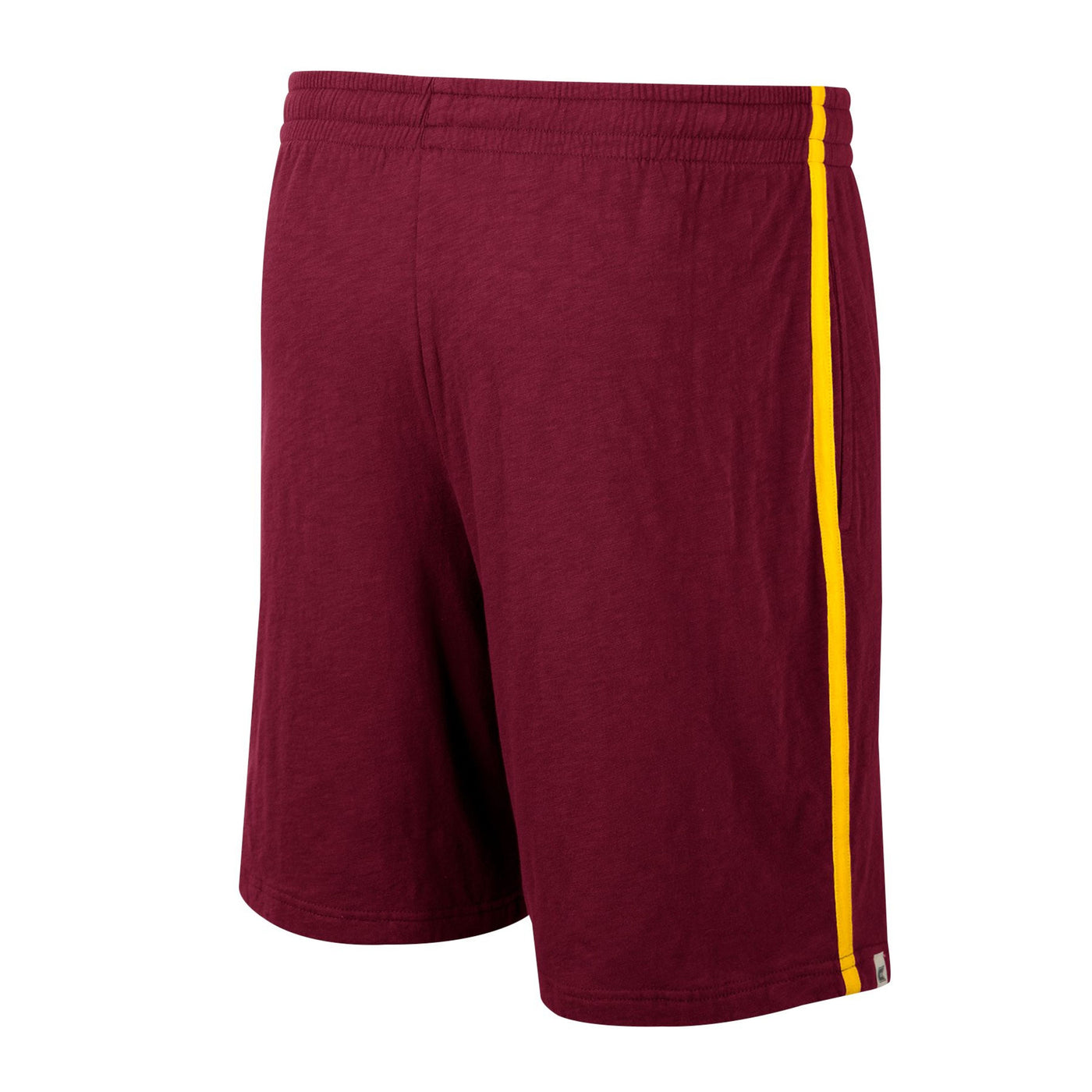 Back view of ASU maroon men's shorts with gold stripe on side of leg