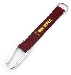 ASU metal karabiner with maroon strap connecting to a key ring with a pitchfork next to 'Sun Devils' lettering