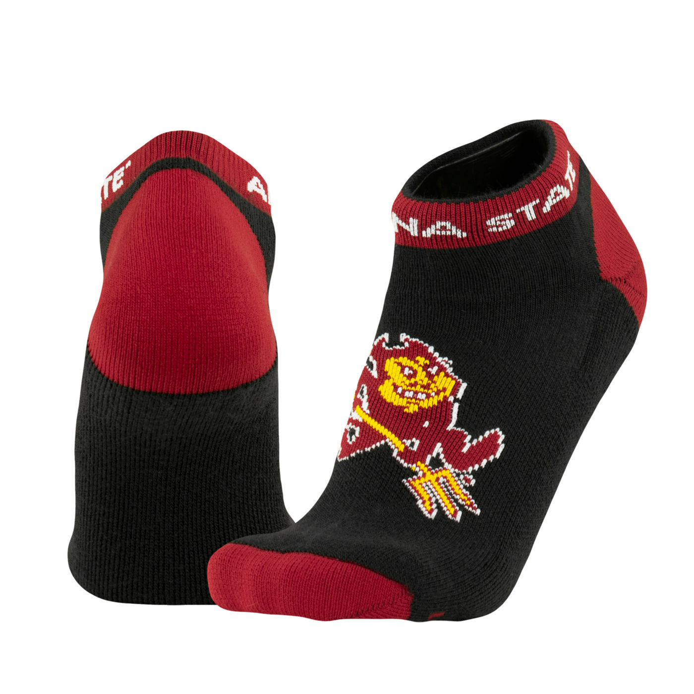 ASU black low cut socks with Sparky on the top and maroon detailing on the toe, heal, and ankle 