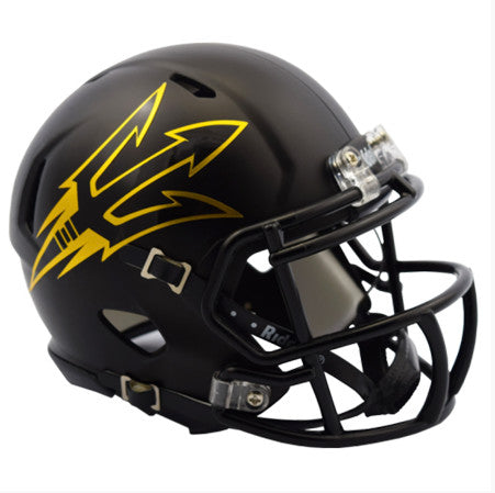 ASU Authentic black football helmet with gold diagonal pitchfork outline across the side