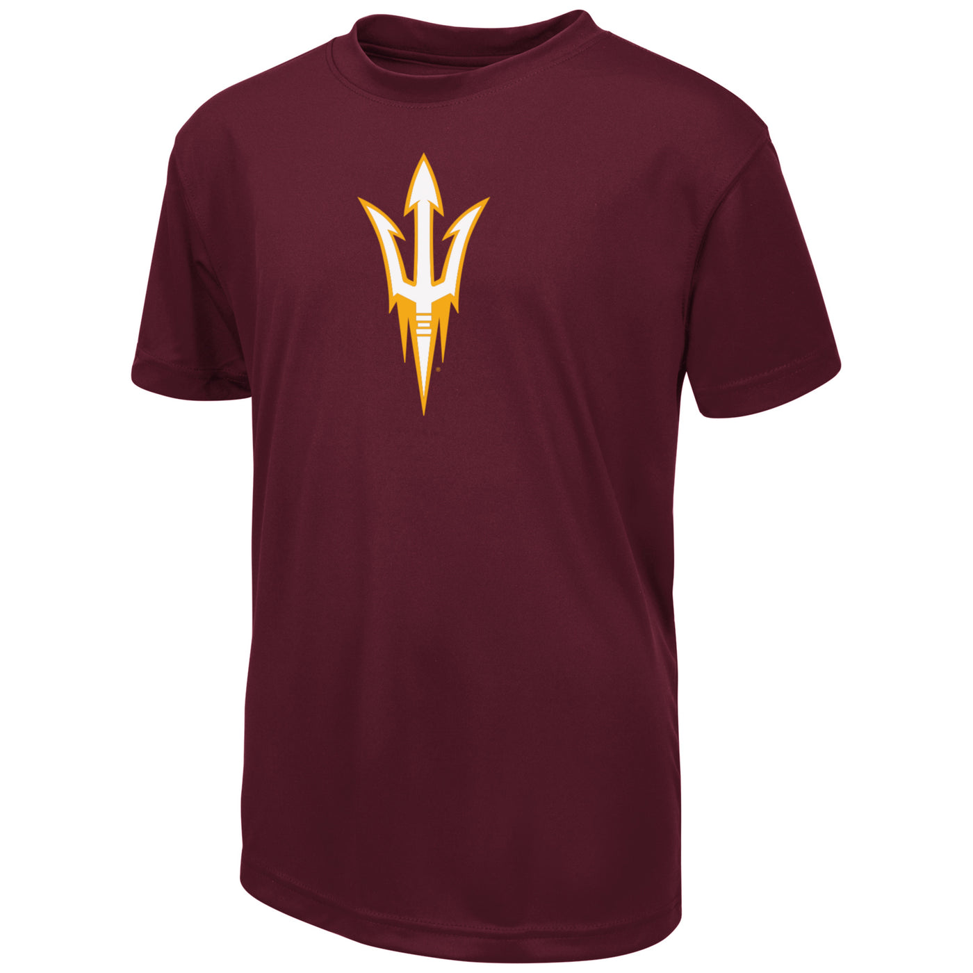 ASU maroon shirt with a gold outlined and white filled pitchfork logo. 