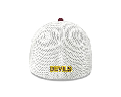 Back of ASU stretch fit hat with white mesh back and 'Devils' lettering at the base of shell.