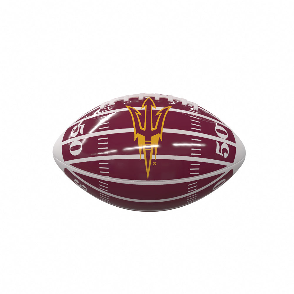 ASU mini glossy maroon football with football field print and pitchfork in the middle